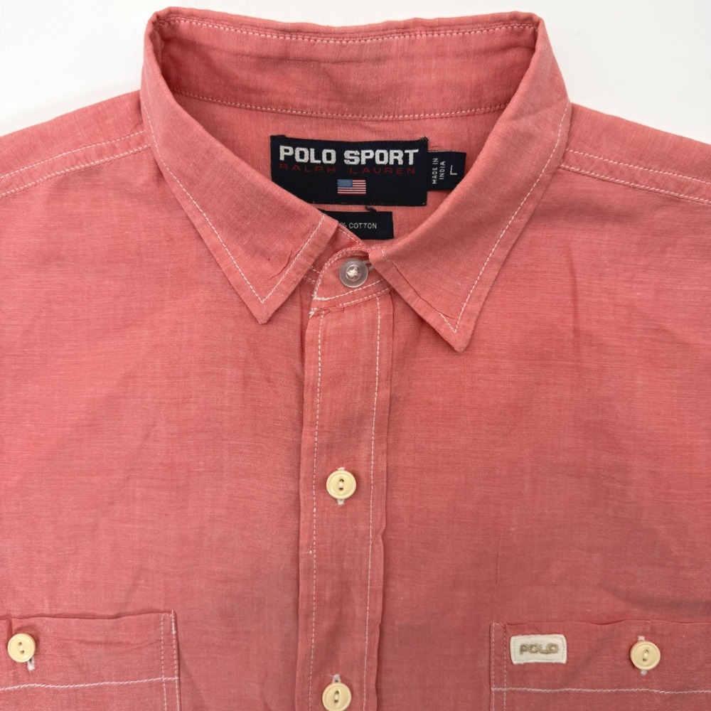 Polo Sport Button Down Mens L Salmon Short Sleeve Cotton Contrast Stitch *READ*